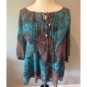 Y2k Boho Hippie Chic Blouse Top 3/4 Sleeve Tie Top Womens Medium EUC